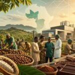 Cocoa farmers and processing workers connect African orchards with local manufacturing and export logistics.