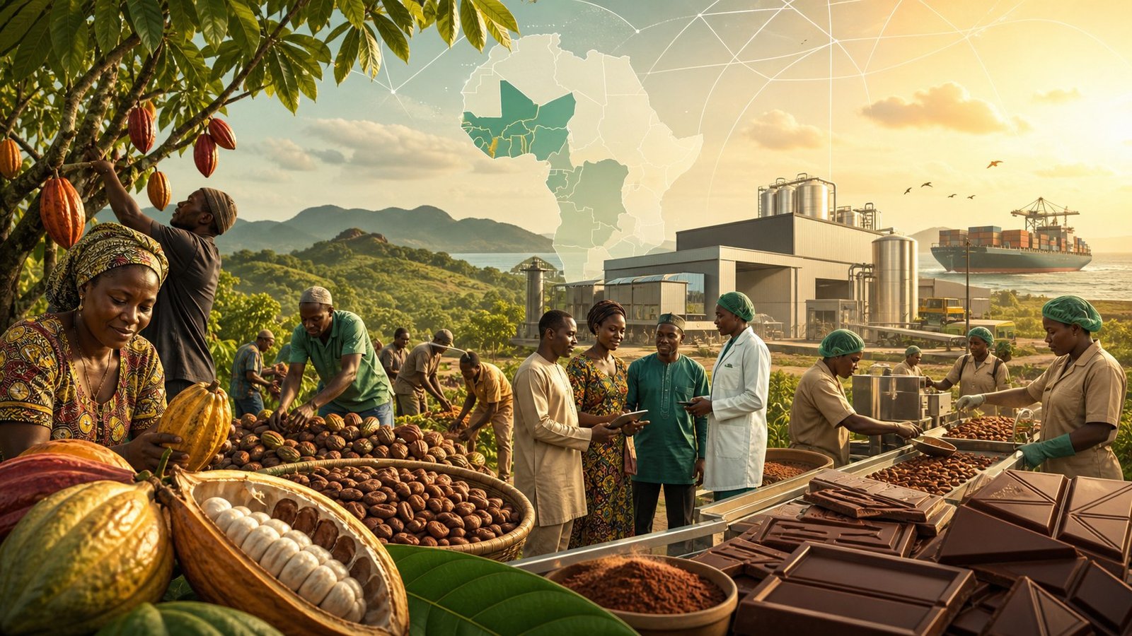 Cocoa farmers and processing workers connect African orchards with local manufacturing and export logistics.