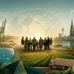 Symbolic editorial illustration linking the Port of Lomé and Cologne through agriculture and a meeting of business delegates.