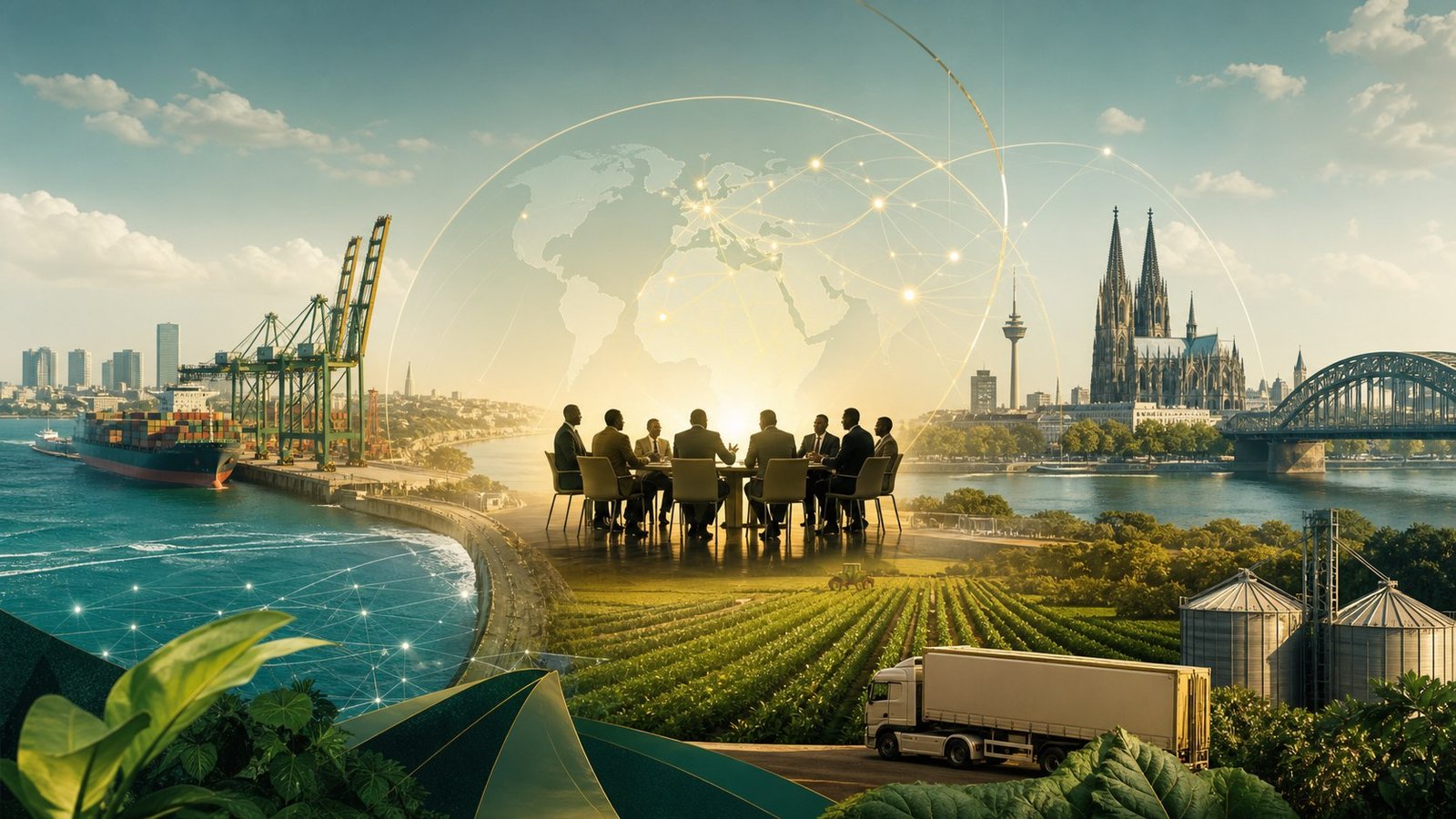 Symbolic editorial illustration linking the Port of Lomé and Cologne through agriculture and a meeting of business delegates.
